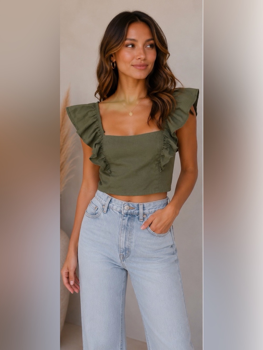 Mustard Seed Olive Green Open Back Ruffle Crop Top Size Small